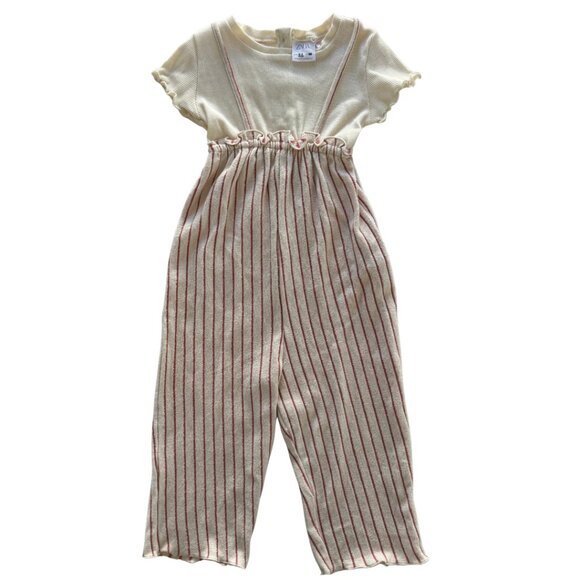 ZARA Ribbed Jumpsuit | Flutter Sleeve | Cream & Red Stripe | 2–3Y | EUC - Picture 2 of 5